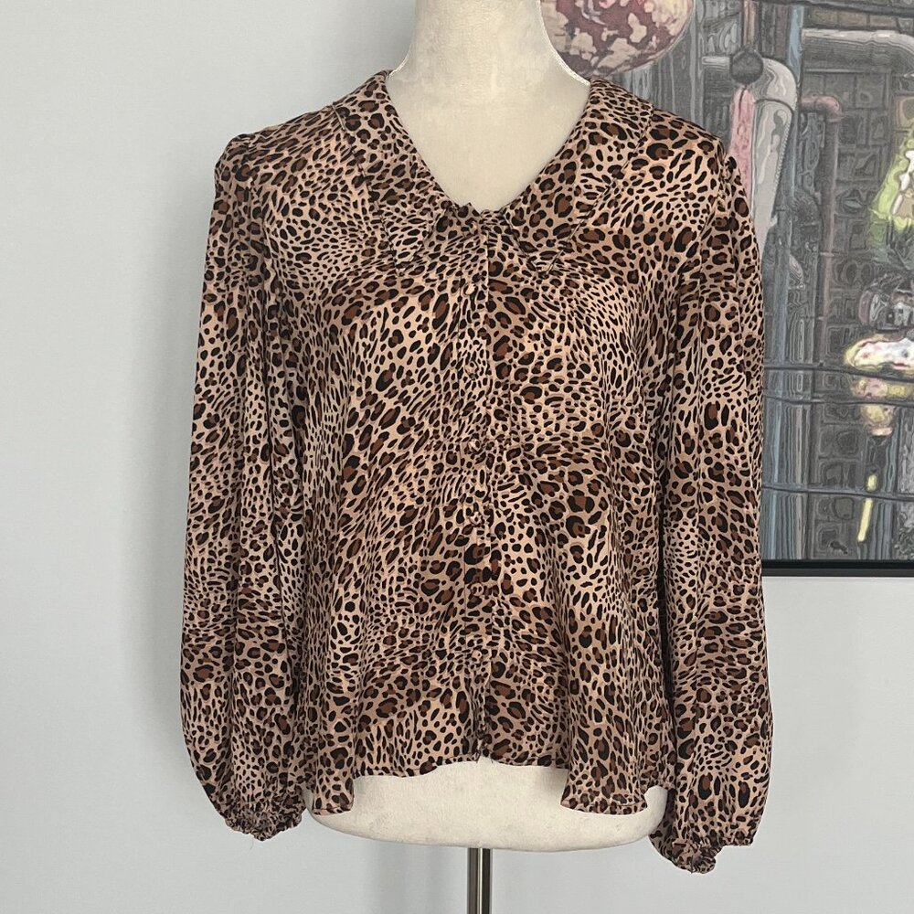 CeCe Tan/Black Animal Print Button-down Blouse M